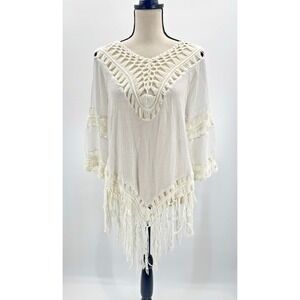 Womens Medium Crochet Lace Top Coverup Tunic Fringe Festival Western Beach Boho